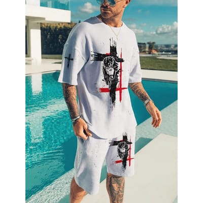 Zomer Mannen 2-delig Korte Mouw Shorts 3D Print Schedelpatroon Sportkleding Casual Oversized Top Shorts Mannen Sets 6XL black