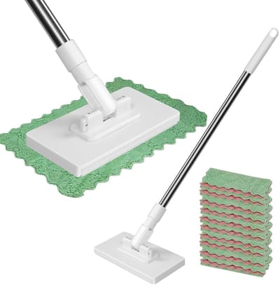 Dweil - Platte Dweil met Lange Steel 100cm - Krachtige clipbevestiging - - Wit - 2-in-1 Droog & Nat - Met 10 Microvezeldoekjes