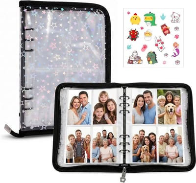 Kpop Fotokaarten Album met 4 Vakken, 25 Pagina's voor 200 Verzamelkaarten, 6 Ringbinders, Kaarthouder voor Fotokaarten en Speelkaarten