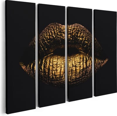 Artaza Canvas Schilderij Vierluik Gouden Lippen - 80x60 cm - Wanddecoratie Woonkamer - Schilderijen - Muurdecoratie