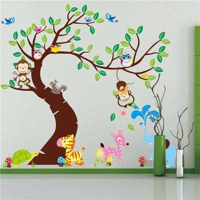 XXL Muursticker met Aapjes & Vogels In Boom - Kinderkamer / Slaapkamer / Babykamer - Jongen & Meisje