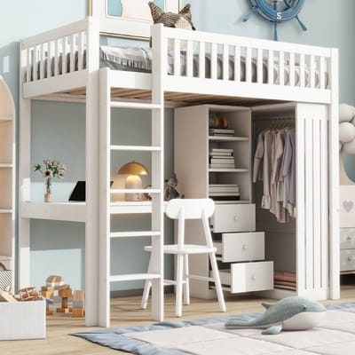 VVBV Hoogslaper 90x200 Cm - Kinderbedden Met Bureau, Kast En 3 Laden - Veiligheid Met Leuning En Trap - Grenenhout - Wit