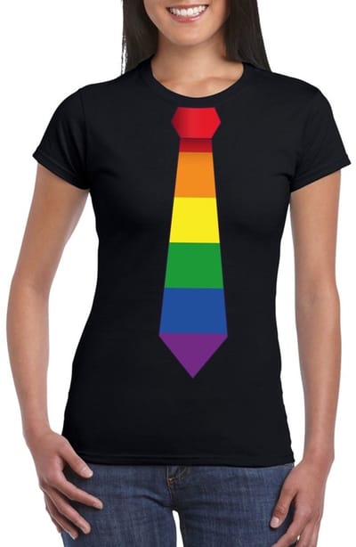 Zwart t-shirt met regenboog stropdas dames - LGBT/ Gay pride shirts M