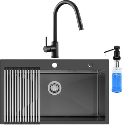 CECIPA max Spoelbak Antraciet / Gun Metal (75x45CM) - Spoelbak Keuken Met Keukenkraan en Zeepdispenser - Spoelbakken Keuken - Spoelbak Met Afdruiprek - Incl. Sifon en Afvoerzeefje - RVS