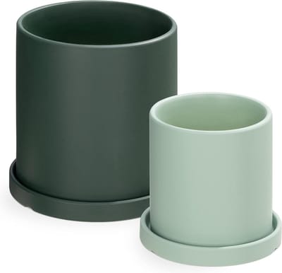 Keramische bloempot met schotel - Plantenpotten set inclusief onderzetter - 11x11 cm en 17x17 cm - Groen