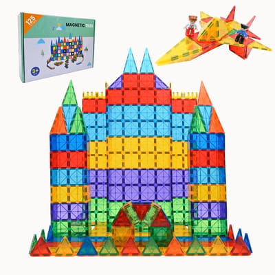 Kids4u Magnetic Tiles - Magnetisch Speelgoed - 125 Stuks Bouwset - 2 Minifiguren - Constructiespeelgoed - Montessori Speelgoed - Magnetische Tegels