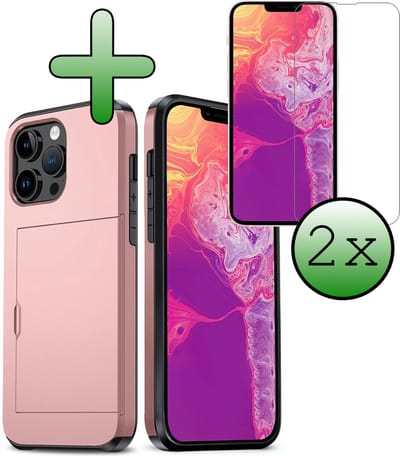 Hoes Geschikt voor iPhone 14 Pro Max Hoesje Hard Case Met Pas Houder Met 2x Screenprotector - Hoesje Geschikt voor iPhone 14 Pro Max Hoes Shockproof Hard Cover Met Kaarthouder - Rosé goud