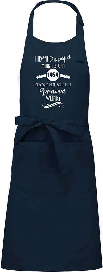 mijncadeautje - luxe keuken- barbecueschort - Niemand is perfect - 1959 - navy blauw