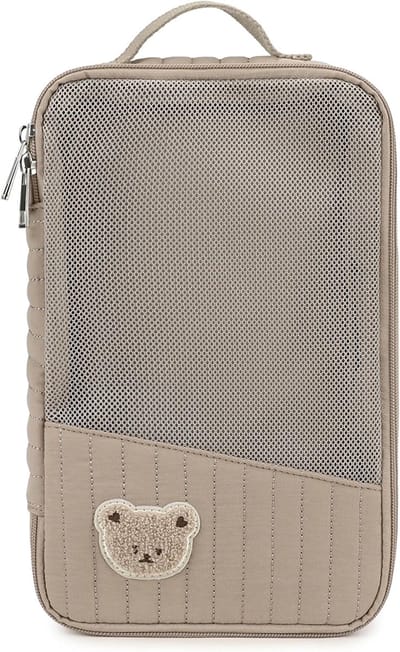 Katoenen Gewatteerde Beertje Baby Luier Opbergtas 29×5×17,5cm | Ademend Gaasvak Reisopzak met Bovenste Draaglus en Dubbele Rits