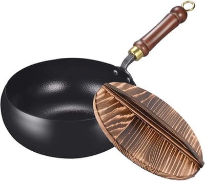 Traditionele kookwok - Wokpan met deksel - Thuis koken - Gegoten ijzer - 24 cm - Hamerpatroon