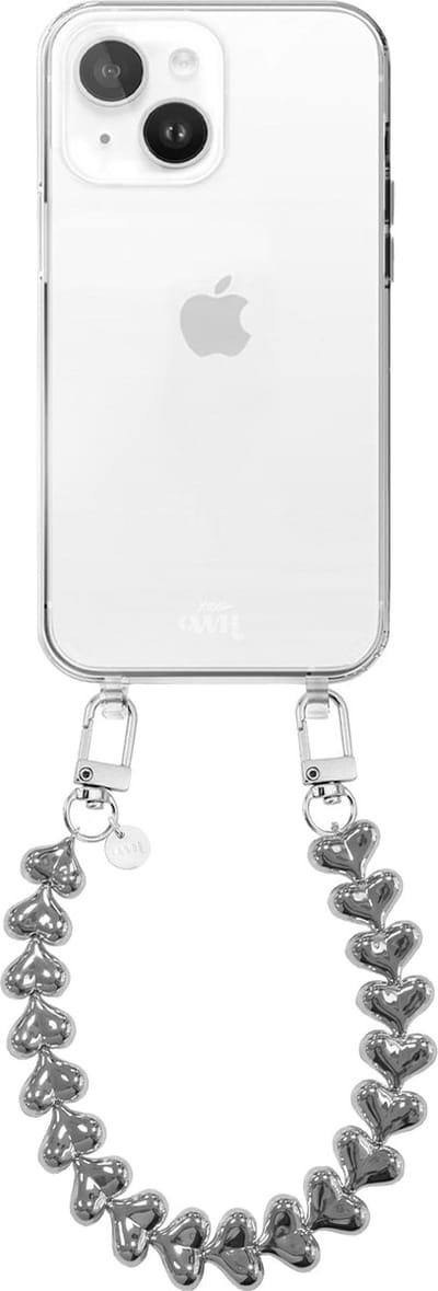 xoxo Wildhearts siliconen hoesje geschikt voor iPhone 15 Plus hoesje - Funky Hearts - Telefoonhoesje - Hoesje met koord - Zilver koord - kort telefoonkoord - Hartjes ketting - Transparant hoesje