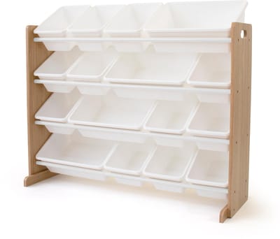 Crew plank voor kinderkamer, plank voor het opbergen van speelgoed met 16 opbergbakken, naturel/wit