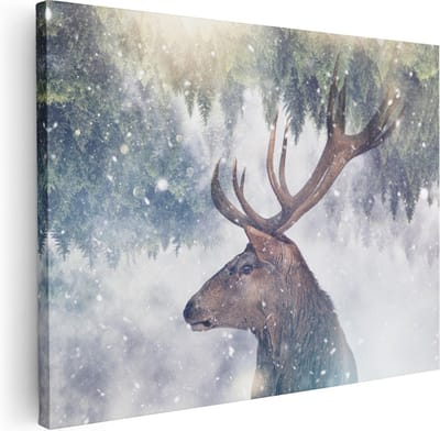 Artaza Canvas Schilderij Hertenkop - 40x30 cm - Klein - Muurdecoratie Gewei - Wanddecoratie Sneeuw Bos - Kamer Accessoires