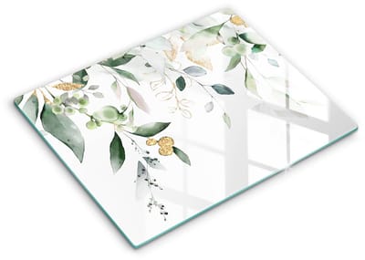Wallfluent Spatscherm Keuken - Wit Fornuis Achterwand Glas - 40x52 cm - Aquarelbladeren Spatscherm Glas - Bloemen en planten Rechthoekig Spatscherm Keuken