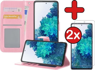 Hoesje - Met 2x Screenprotector - Geschikt voor Samsung Galaxy S20 FE - Luxe Pasjeshouder - Flip Case - Bookcase Portemonee - Kunstleer Book Case - Flipcase Hoes - Book Cover - Walletcase - Portemonneehoes - Telefoonhoes - Lichtroze