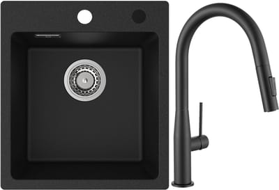 CECIPA max Spoelbak Keuken 40x45cm - Spoelbak Graniet Met Keukenkraan met Uittrekbare Uitloop - Enkele Spoelbak - Spoelbakken Keuken Opbouw - 80% Kwarts Zand Keuken Spoelbak - Zwart