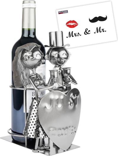 BRUBAKER Wijnfleshouder "Just Married" Bruidspaar - Metalen Flessenhouder Bruidspaar - Wijncadeau voor Huwelijk - Fleshouder Sculptuur Inclusief Cadeaukaart