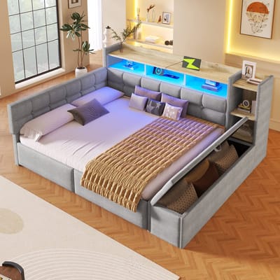 VVBV Slaapbank 140x190 cm - Opbergruimte, Lades, LED-Verlichting, USB-C, Planken, 2 Lades - Fluweel Grijs - Zonder Matras