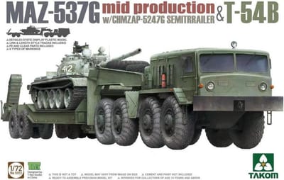 Takom Modelbouwpakket Militaire voertuigen - 5013 MAZ-537G w/ChMZAP-5247G Semi-trailer mid production - T-54B Plastic - 1:72 - Modelbouw