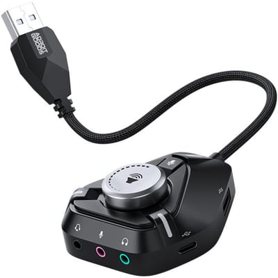 AdroitGoods USB Audio Hub met USB & USB-C – 3.5mm Headset & Microfoon – Volumeregeling – Data & Audio Splitter – USB sound/geluidskaart - Zwart