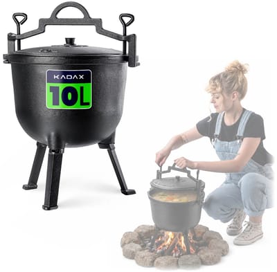 KADAX Jachtketel, 10 liter, gietijzeren kookpan met voeten, stoofpan van gietijzer, Dutch Oven voor tuin, kampvuur, camping, BBQ, vuurpan met deksel