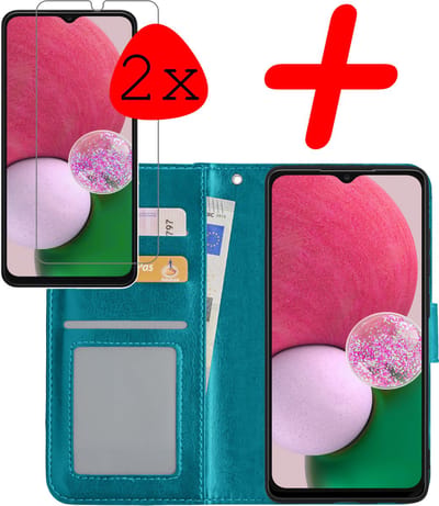 Hoesje Met 2x Screenprotector - Geschikt voor Samsung Galaxy A13 4G - Luxe Pasjeshouder - Bookcase Portemonee - Flip Case - Kunstleer Book Case - Flipcase Hoes - Book Cover - Walletcase - Portemonneehoes - Turquoise