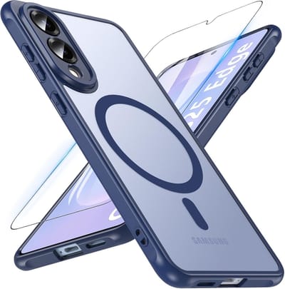 Casemania Hoesje & Glas Geschikt voor Samung Galaxy S25 Edge - Donker Blauw - Matte Armor Back Cover met Camera Bescherming - Telefoonhoesje Geschikt voor MagSafe - 1x Glazen Screenprotector