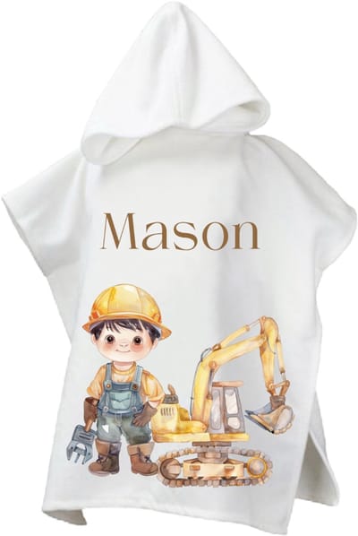 Gepersonaliseerde Poncho voor jongen - Bouw jongen bruin met naam - Perfect voor Zwembad en Strand