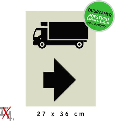 Pictogram/ bord Dibond | Aanwijzer voor vrachtwagens - pijl naar rechts | 27 x 36 cm | Laden en lossen | Trucks | Leveringen | Vrachtverkeer | Aanwijzing | Vrachtauto | Roestvrij | 1 stuk