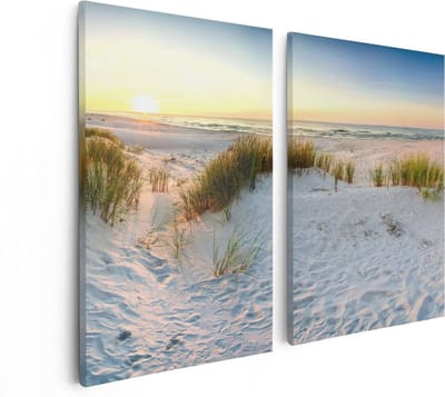 Artaza Canvas Schilderij Tweeluik Strand En Duinen Tijdens Zonsondergang - 80x60 - Foto Op Canvas - Canvas Print
