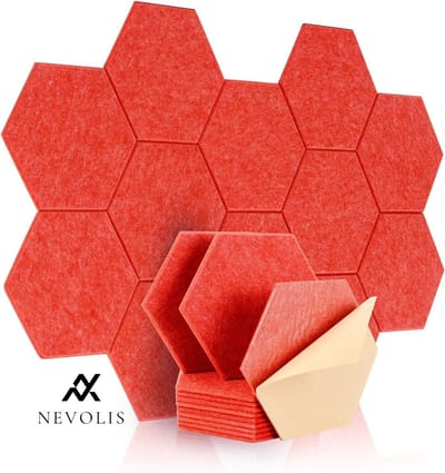 Nevolis 12 Pieces Self Adhesive Hexagon Acoustic Panels 30 x 26 x 1cm Sound Insulation Panels For Sound Studio Wall Decoration - Red .