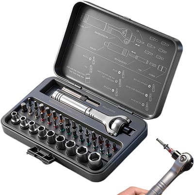 Ratelschroevendraaier Set - Precisie Gereedschap - Elektronica Reparatie - 40 Delige Kit - Compact Ontwerp - Grijs