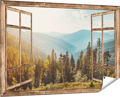 Gards Tuinposter Doorkijk Bos met Bomen in de Hoge Bergen - 150x100 cm - Tuindoek - Tuindecoratie - Wanddecoratie buiten - Tuinschilderij