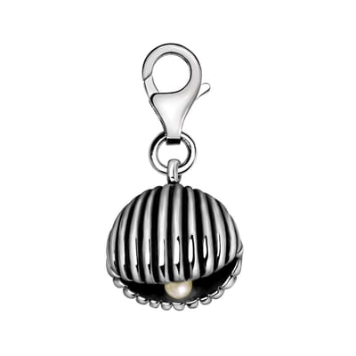 Quiges – Charm – Hanger - 3D Schelp met Parel - Verzilverd - karabijnslot - geschikt - voor - Bedelarmband - QHC144