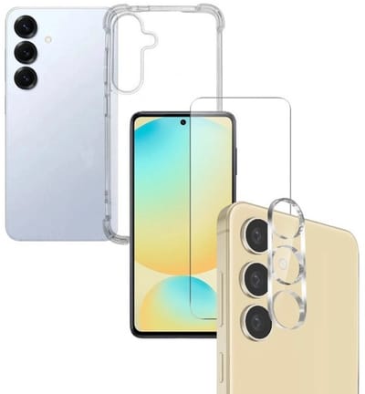 Anti -Shock Silicone hoesje transparant met Screenprotector Glas 3x en Camera lens protector 3x Geschikt voor: Samsung Galaxy S25