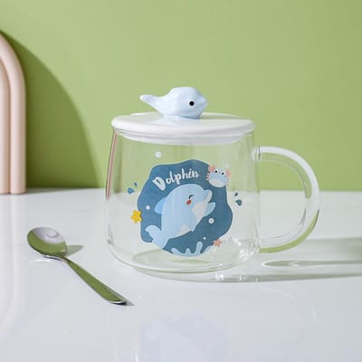 Tasse en Verre Résistant à la Chaleur Mug Nordique Maison Bureau Couple Tasse Dauphin Tasse à Lait Café avec Couvercle Cuillère 401-500ml white