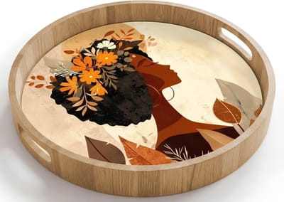 Dienblad rond 40x40 cm - Schootdienblad hout - Vrouw - Krullen - Bloemen - Beige - Borrelplank rechthoek - Plateau houten dienbladen