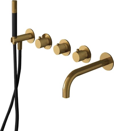 Hotbath Cobber Afbouwdeel - Inbouw Badthermostaat met 2 Stopkranen met Uitloop BB - Living Colours Vormen een Poetsbaar Patina - Geborsteld Messing PVD