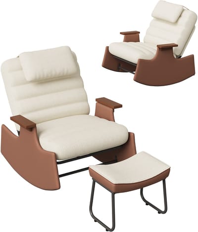 Schommelstoel met in 3 standen verstelbare rugleuning, loungestoel met hoofdsteun en voetenbankje, voor woonkamer of kantoor, beige, corduroy materiaal