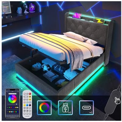 Merax Opbergbed 90 x 200 cm met opberghoofdeinde - USB- en LED-aansluitingen - Linnenstof - Knooppatroon - Grijs (zonder matras)