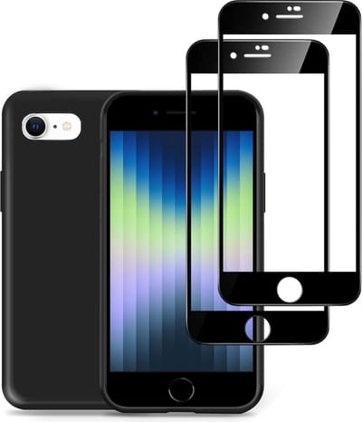 Geschikt voor iPhone SE 2022 Hoesje + 2x Screenprotector – Full Cover Gehard Glas – Suède Back Cover Case Zwart