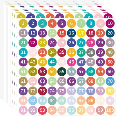 12 pcs kleurrijke nummerstickers (van 1 tot 100), kleine nummerstickers met stippen, ronde klevende nummerstickers, nummerstickers voor inventarisopslag, zelfklevende doorlopende nummerstickers voor klaslokalen en kantoren, witte cijfers