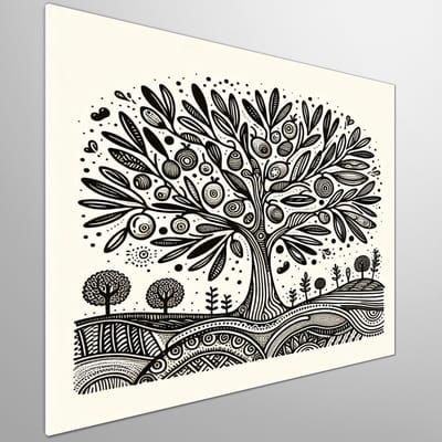 Doodle olijfboom schilderij | Olijfboom symfonie: een levendige compositie van grenzeloze verbeelding | Kunst - 60x60 centimeter op Forex | Foto op Forex