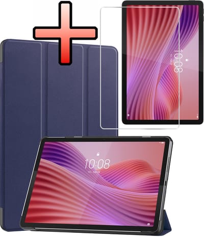 Hoes - Geschikt voor Lenovo Tab 10.1 inch - Met Screenprotector - Trifold Bookcase - Hard Cover - Hardcover Book Case - Tablet Hoesje - Donkerblauw