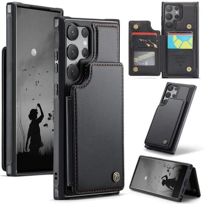 Luxe Portemonnee Backcover met Anti-RFID kaarthouders + Glas Screenprotector voor Galaxy S25 Ultra _ Zwart