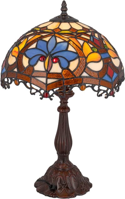 Tiffany tafellamp Art Nouveau - Crème-amber-blauw - Ø 39,5 cm - Glas in lood - Warm licht - Sierlijk | RORUVERA