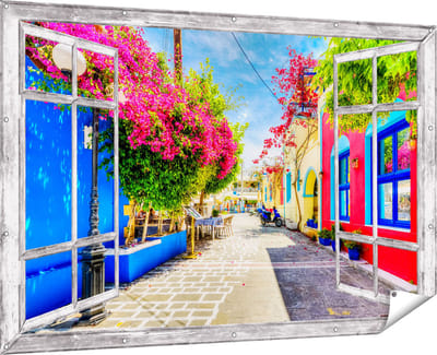 Gards Tuinposter Doorkijk Kleurrijke Straat op het Eiland Kos, Griekenland - 180x120 cm - Tuindoek - Tuindecoratie - Wanddecoratie buiten - Tuinschilderij