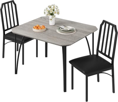 3-delige Eettafel Set voor 2 Personen - Compacte Keukentafel met 2 Gestoffeerde Stoelen - Industrieel Design - Hout en Metaal - 74x74x76 cm - Grijs