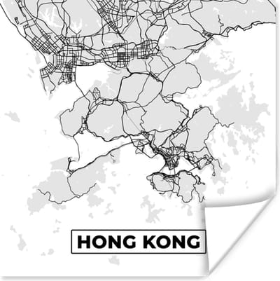 Poster Hong Kong - Stadskaart - Zwart Wit - Plattegrond - Kaart - 100x100 cm XXL