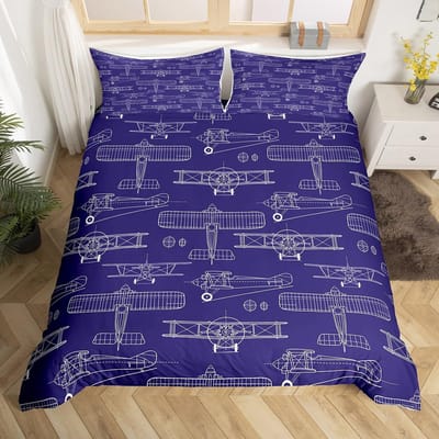 Vliegtuig Dekbedovertrek Cartoon Vliegtuig Amerikaans Vliegtuig Beddengoed Set Wolk Luchtblauw Hemel Dekbedovertrek, Rood Blauw Schattig Dekbedovertrek AU Single(140x210cm)